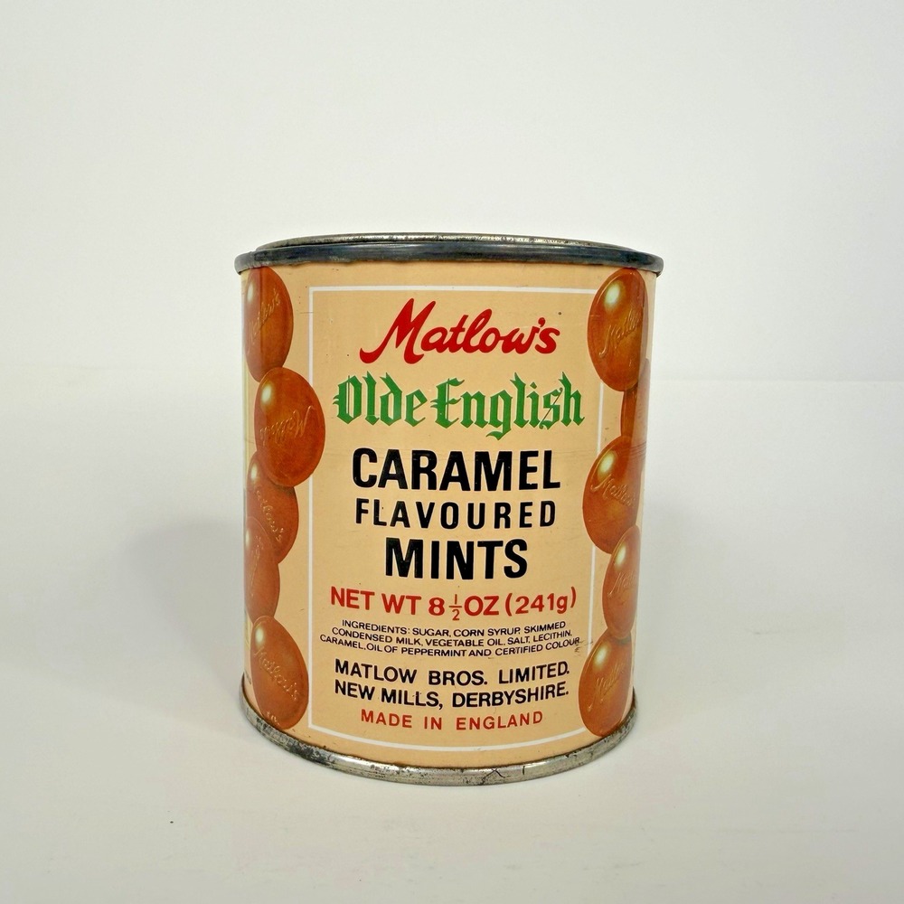 Vtg Matlows‎ Olde English Caramel Flavored Mints Empty 8 1/2 oz Tin Can England